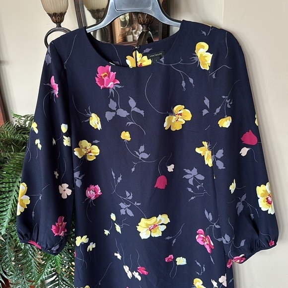 NWOT Ann Taylor Floral Print Navy Blue Shift Dress 3/4 Sleeves Easter Spring - Picture 5 of 13